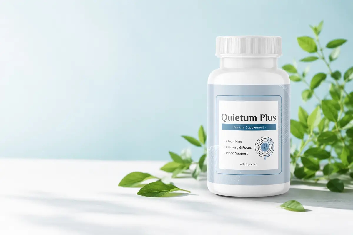 Editorial visualization of a Quietum Plus supplement bottle
